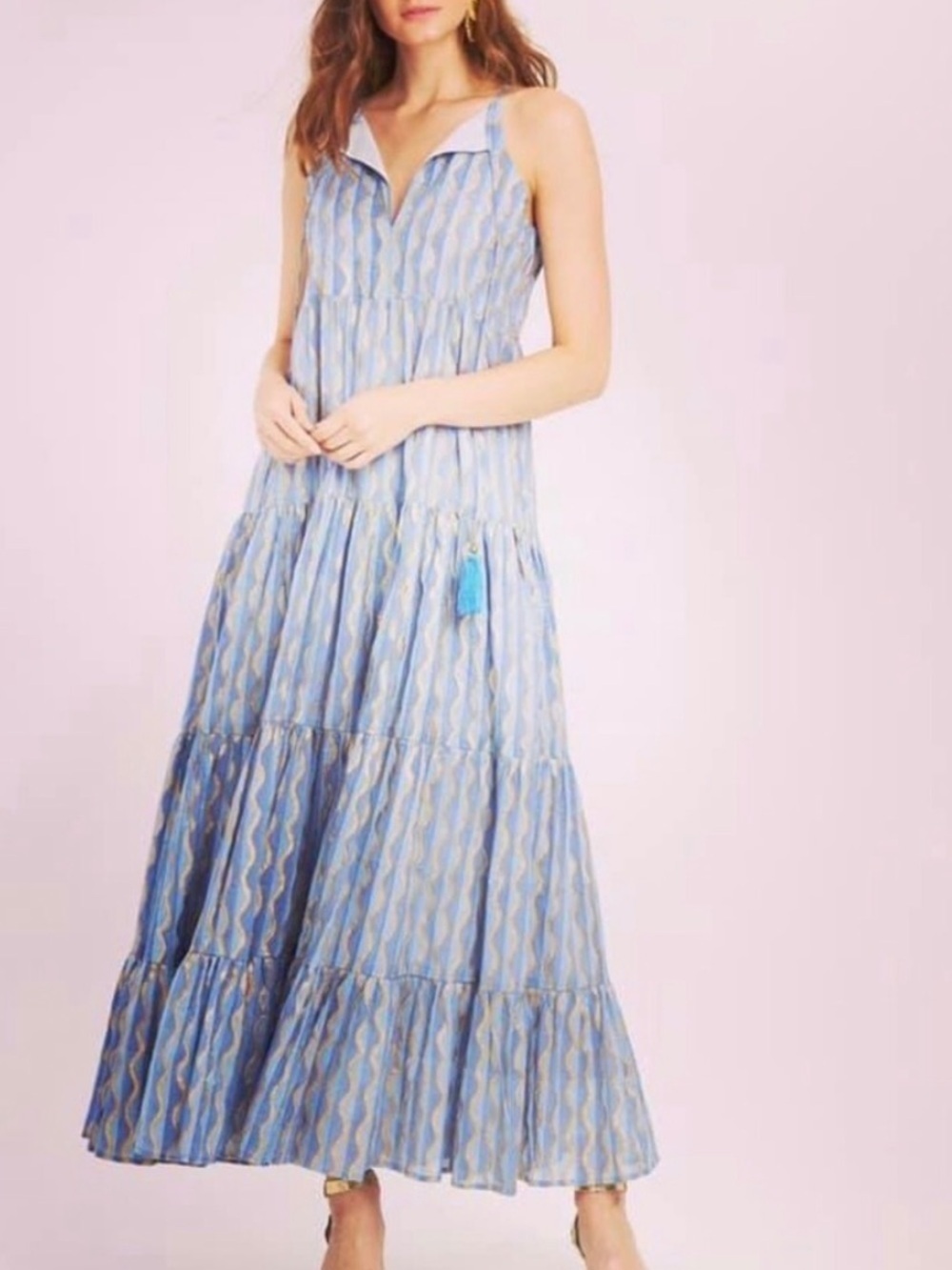 Oliphant Blue Long Tiered Tassel Dress Size L
